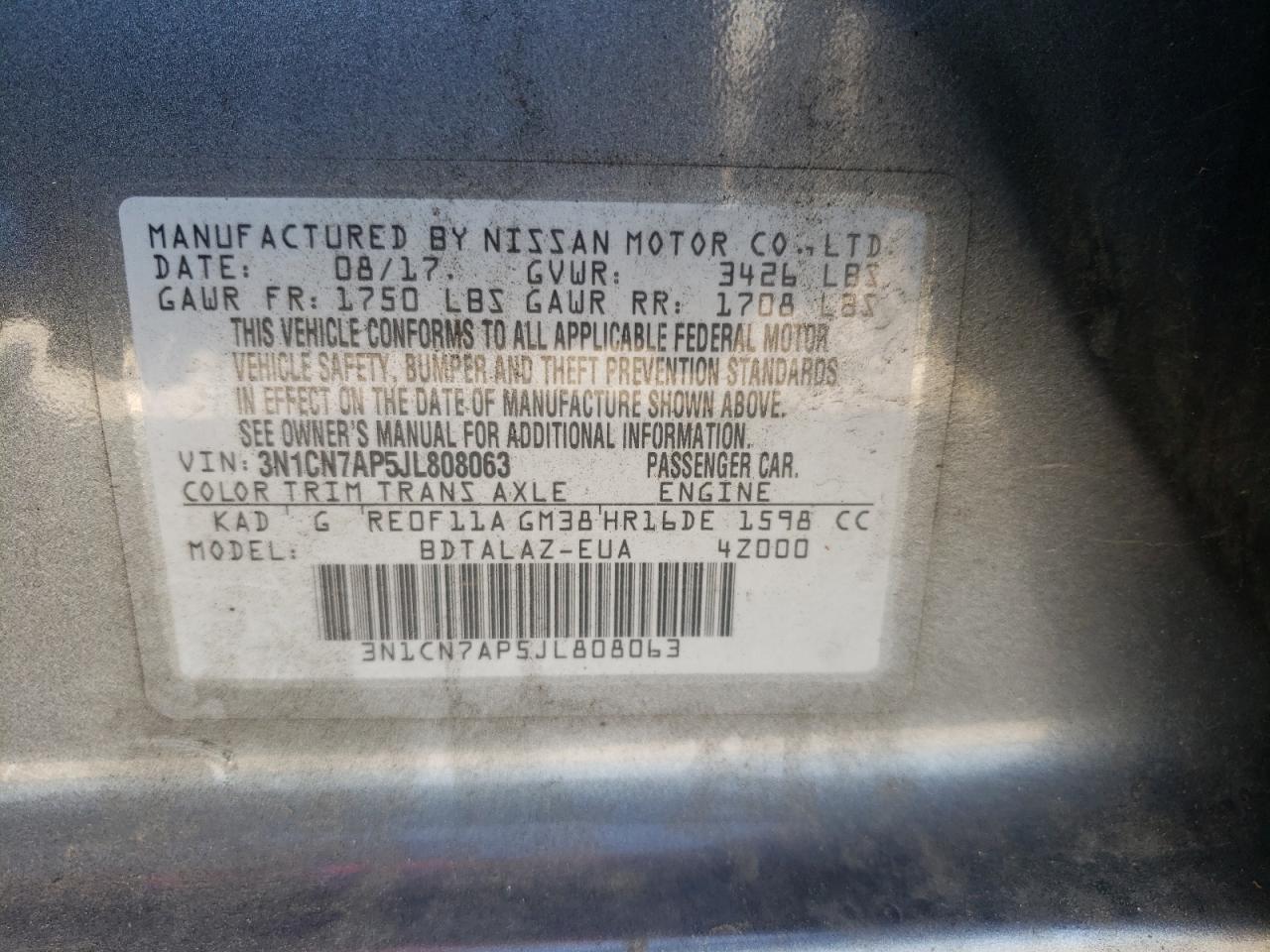 Photo 10 from auction – 2018 NISSAN VERSA with VIN 3N1CN7AP5JL808063