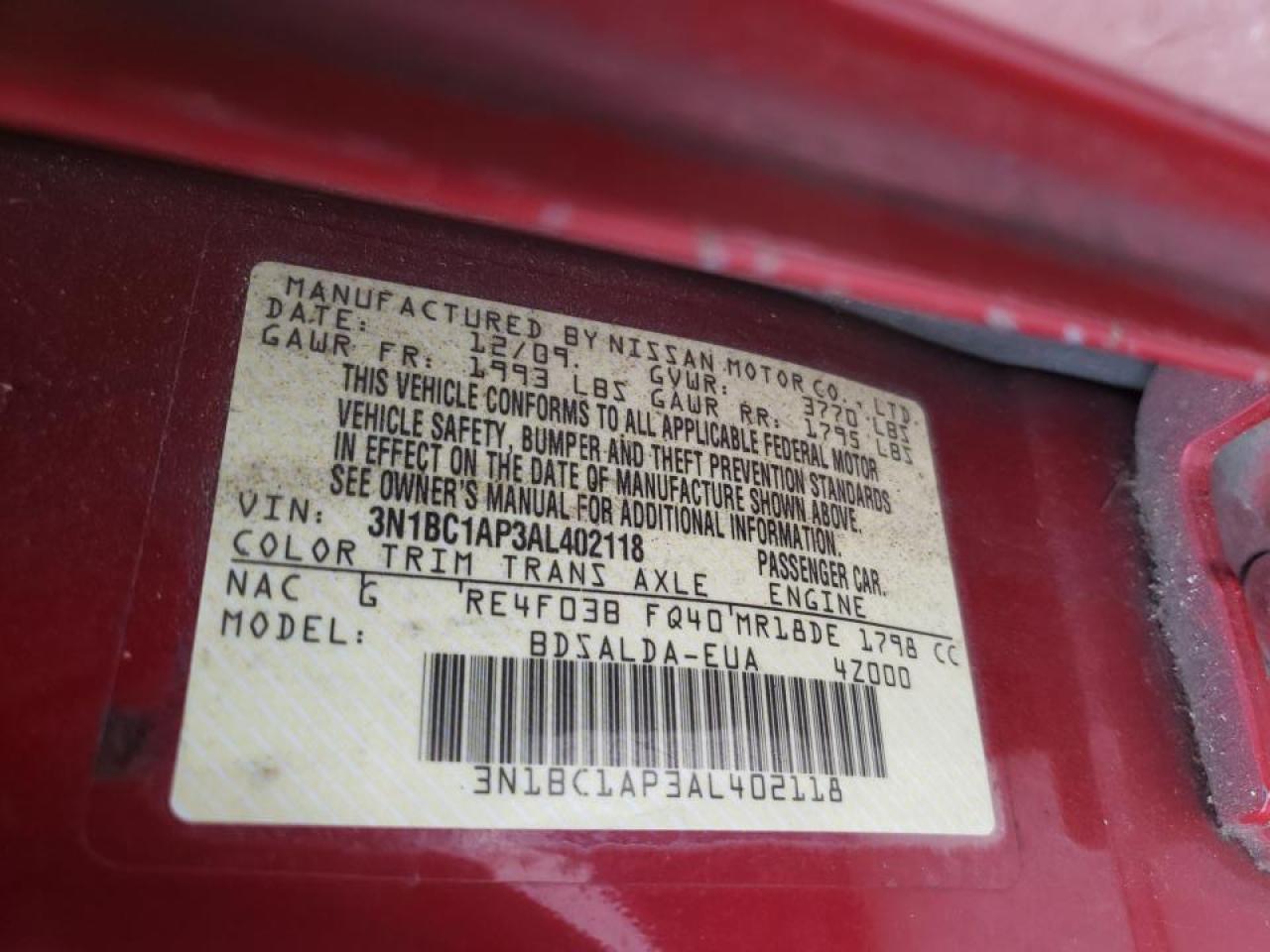 Photo 10 from auction – 2010 NISSAN VERSA S with VIN 3N1BC1AP3AL402118
