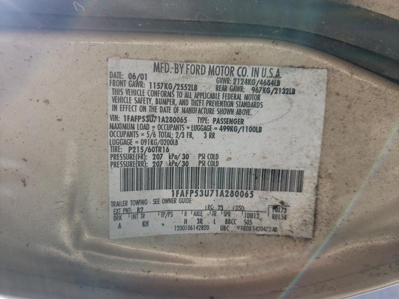 Photo 10 from auction – 2001 FORD TAURUS SE with VIN 1FAFP53U71A280065