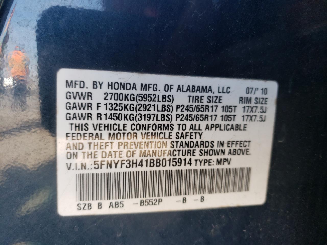 Photo 10 from auction – 2011 HONDA PILOT EX with VIN 5FNYF3H41BB015914