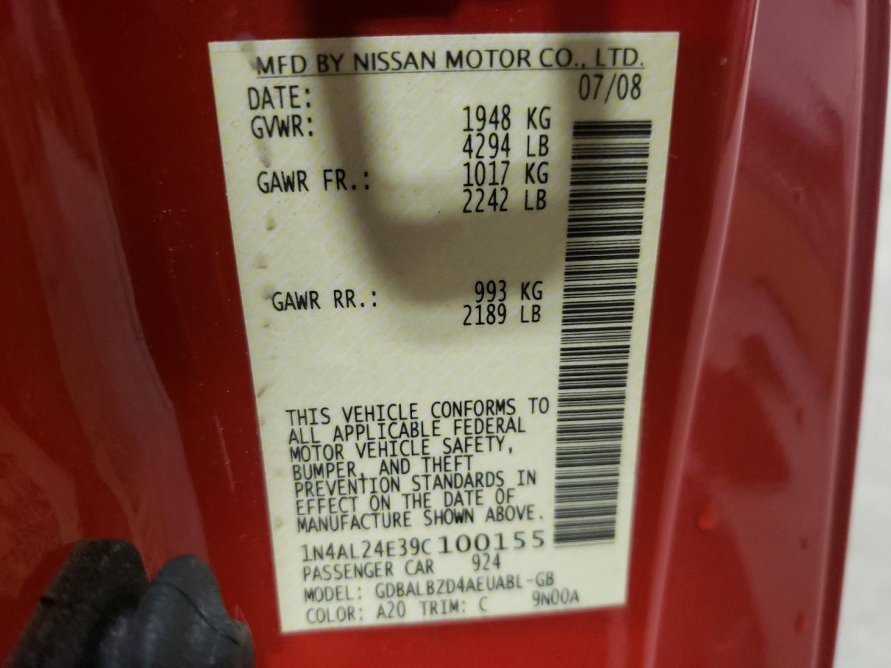 Photo 10 from auction – 2009 NISSAN ALTIMA 2.5 with VIN 1N4AL24E39C100155