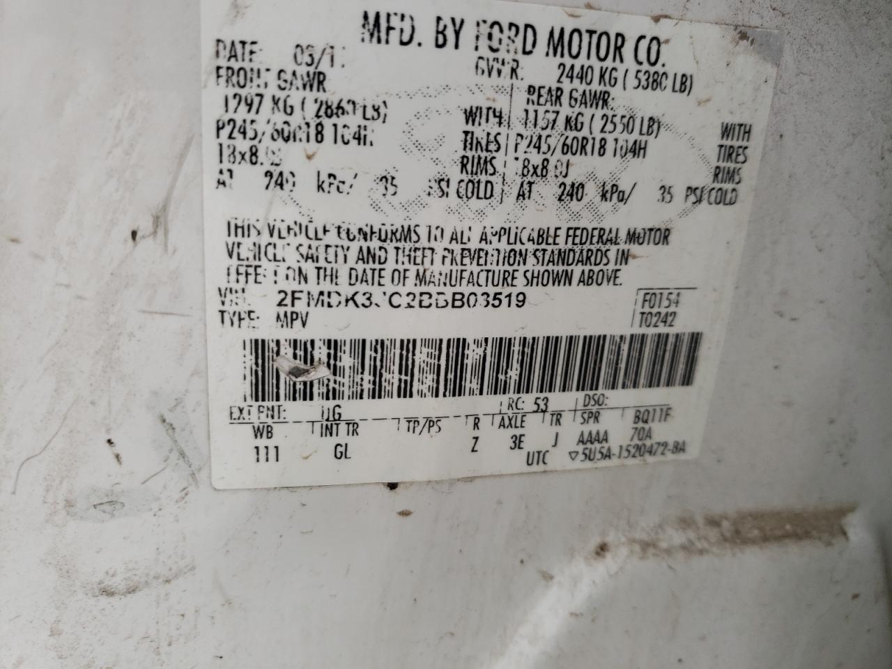Photo 10 from auction – 2011 FORD EDGE SEL with VIN 2FMDK3JC2BBB03519