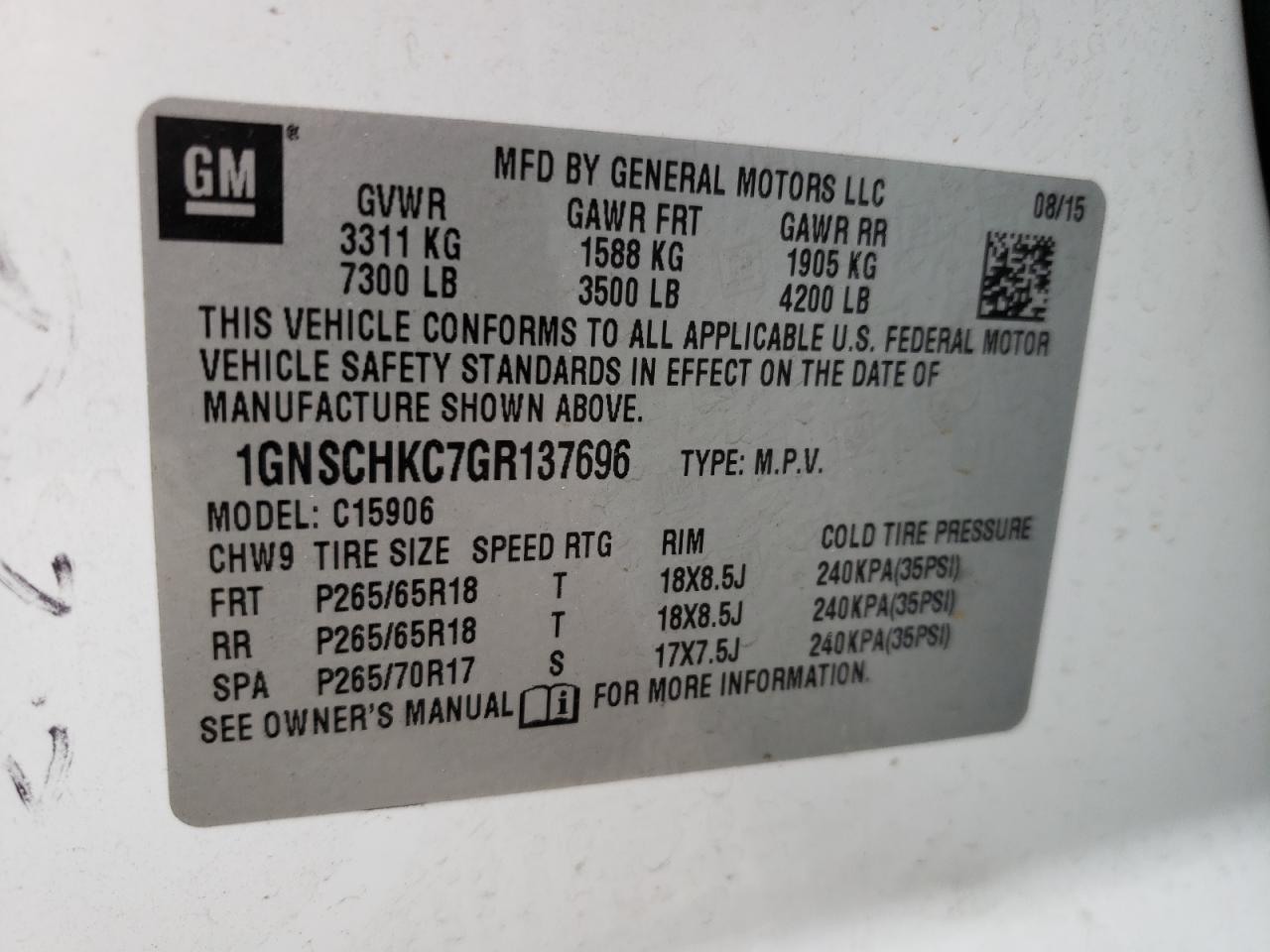Photo 10 from auction – 2016 CHEVROLET SUBURBAN C with VIN 1GNSCHKC7GR137696