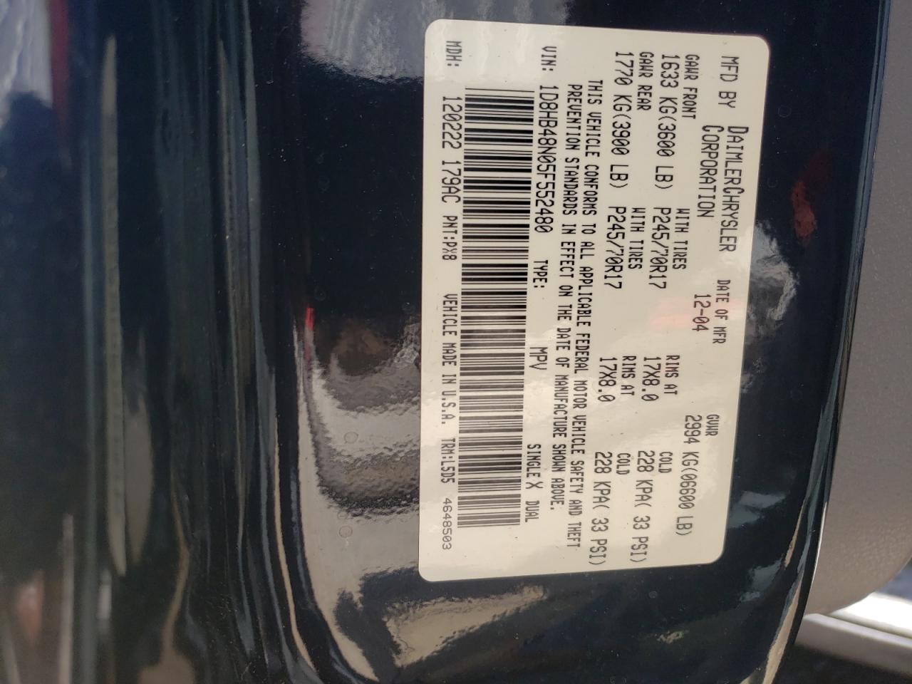 Photo 10 from auction – 2005 DODGE DURANGO SL with VIN 1D8HB48N05F552480