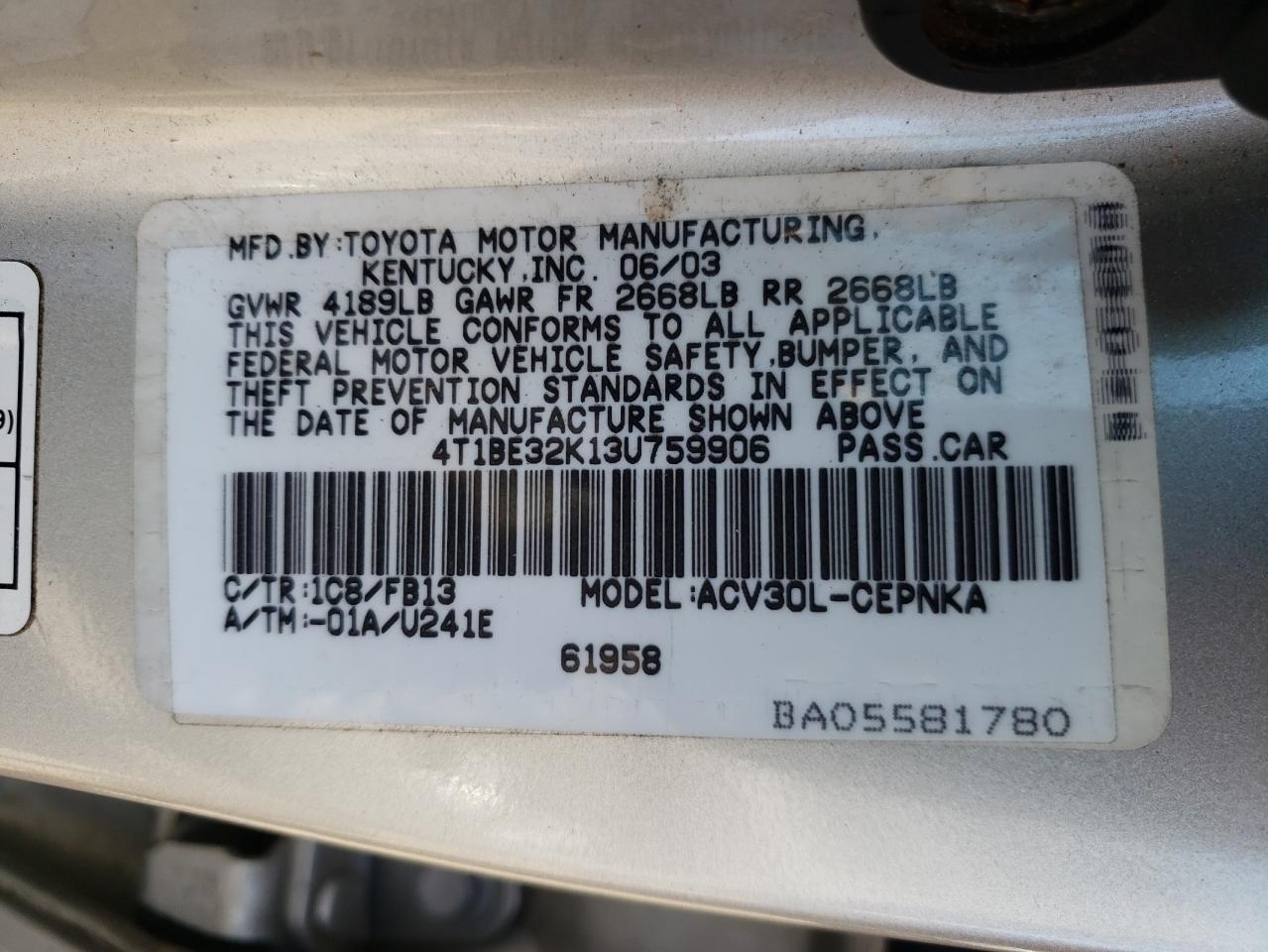 Photo 10 from auction – 2003 TOYOTA CAMRY LE with VIN 4T1BE32K13U759906