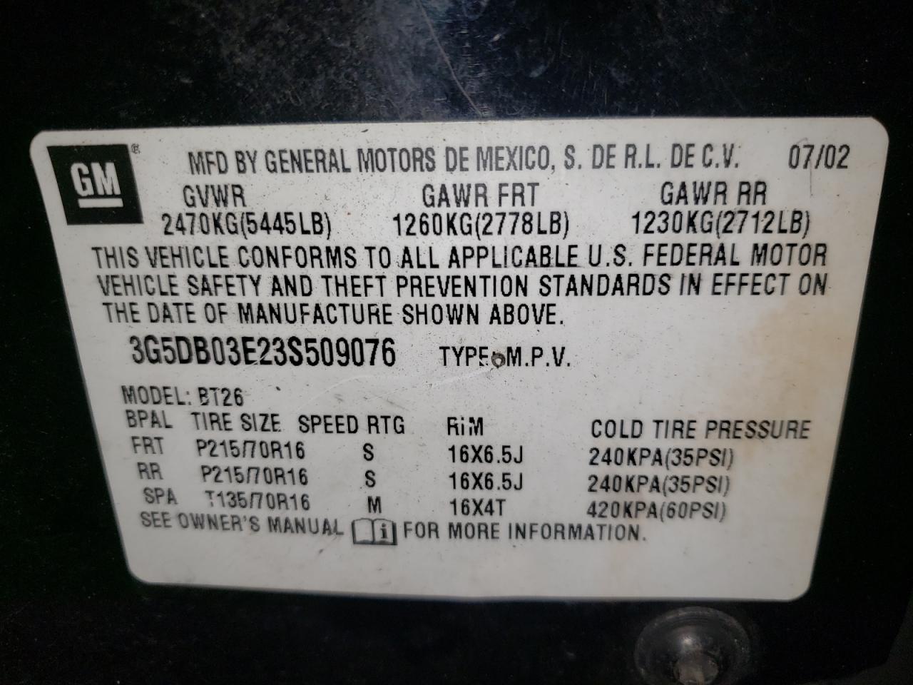 Photo 10 from auction – 2003 BUICK RENDEZVOUS with VIN 3G5DB03E23S509076