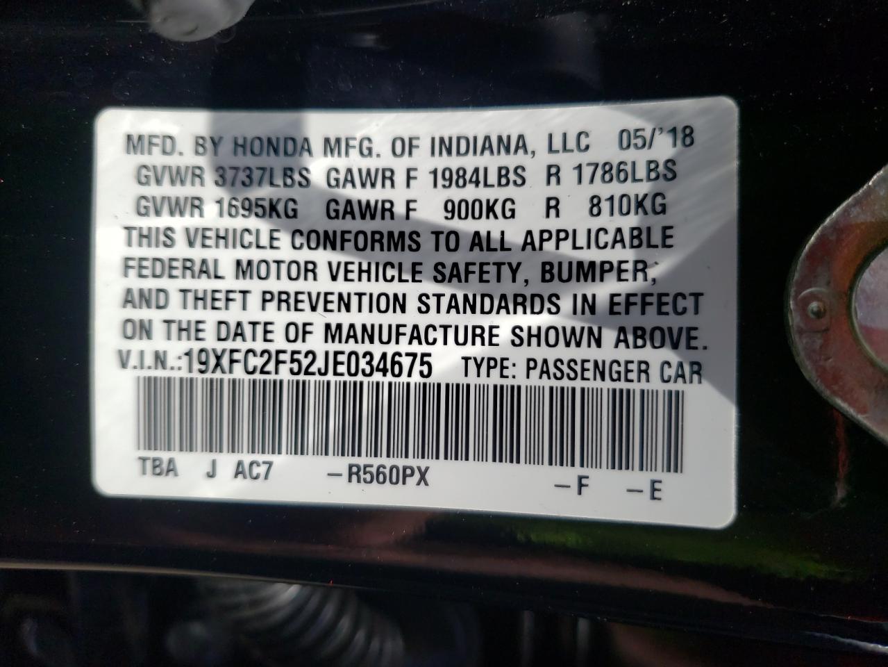 Photo 10 from auction – 2018 HONDA CIVIC LX with VIN 19XFC2F52JE034675