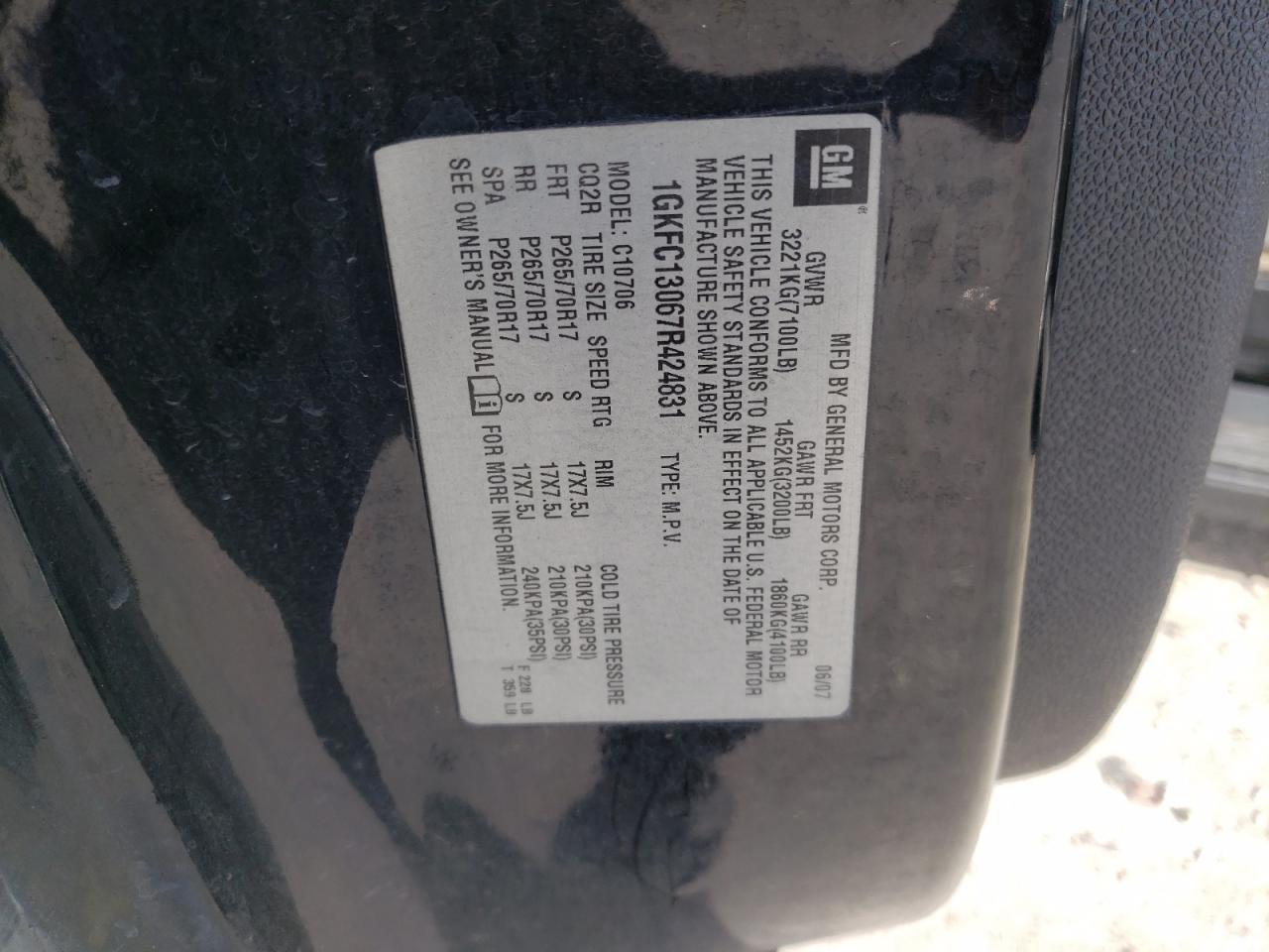 Photo 10 from auction – 2007 GMC YUKON with VIN 1GKFC13067R424831