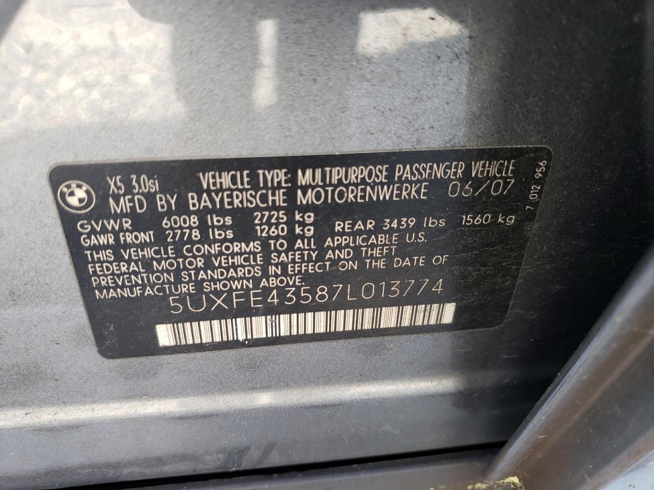 Photo 10 from auction – 2007 BMW X5 3.0I with VIN 5UXFE43587L013774
