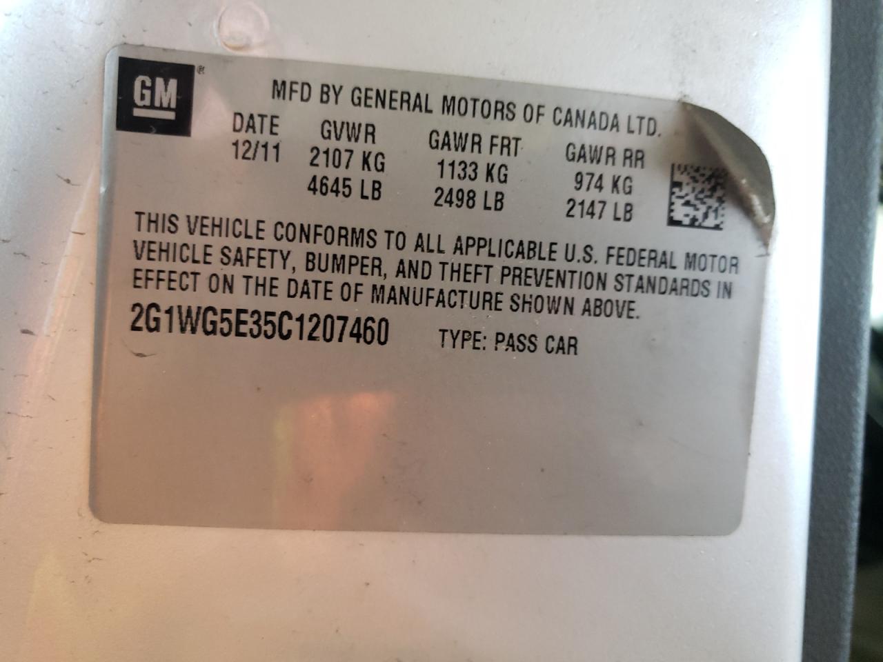 Photo 10 from auction – 2012 CHEVROLET IMPALA LT with VIN 2G1WG5E35C1207460