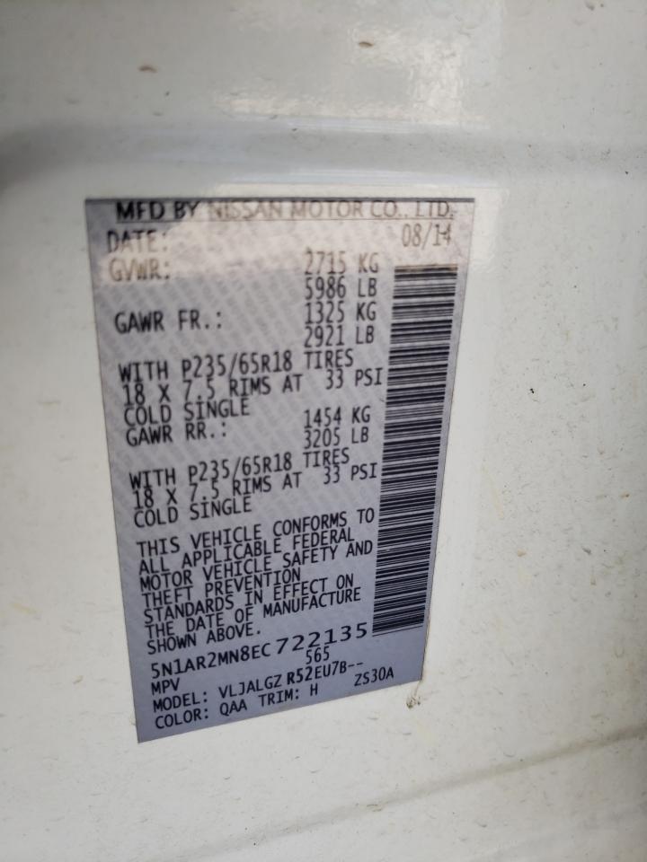 Photo 10 from auction – 2014 NISSAN PATHFINDER with VIN 5N1AR2MN8EC722135