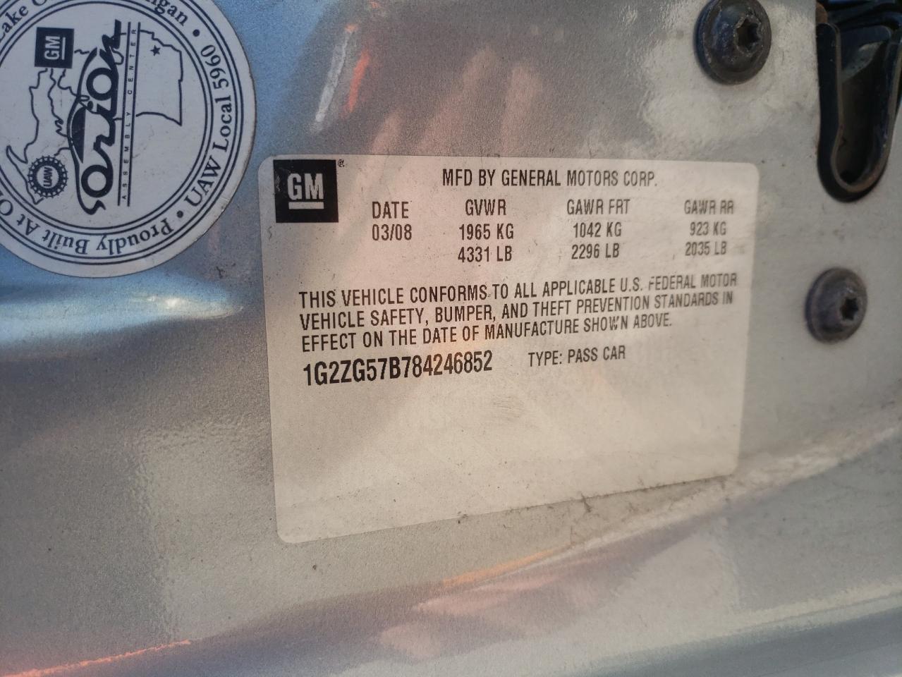 Photo 10 from auction – 2008 PONTIAC G6 BASE with VIN 1G2ZG57B784246852