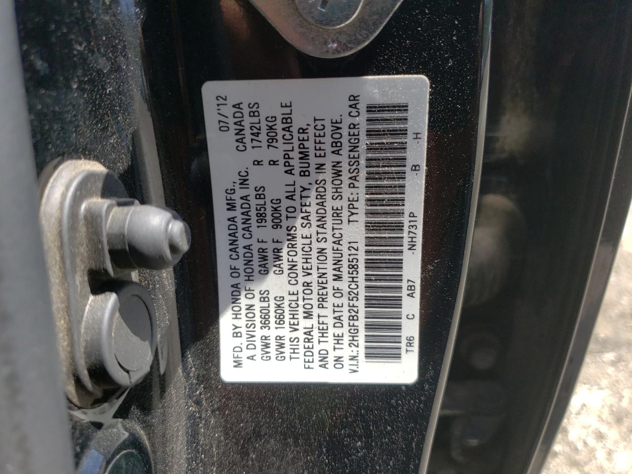 Photo 10 from auction – 2012 HONDA CIVIC LX with VIN 2HGFB2F52CH585121