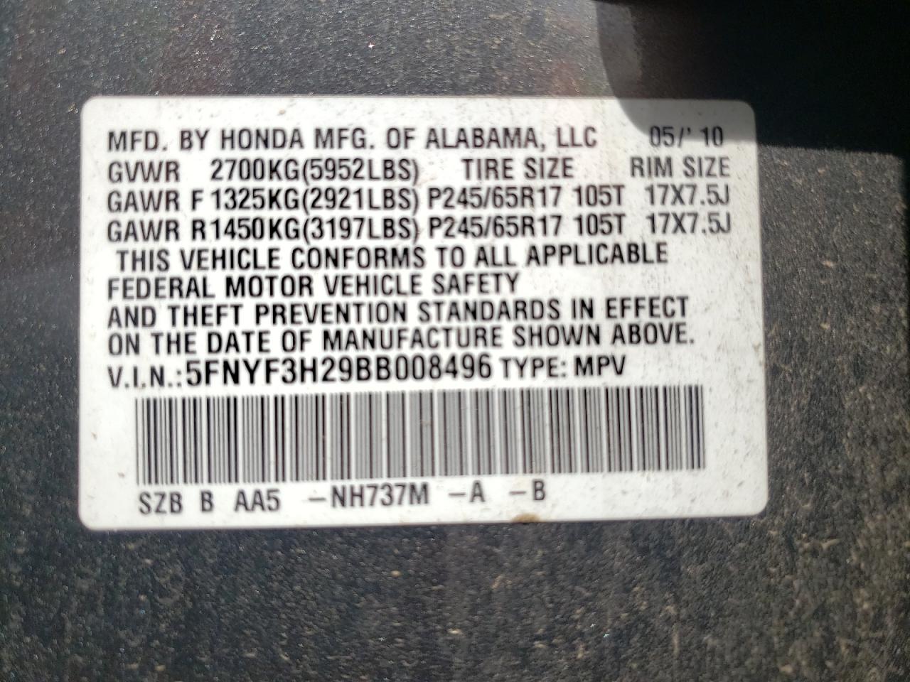 Photo 10 from auction – 2008 HONDA PILOT SE with VIN 5FNYF28378B006628