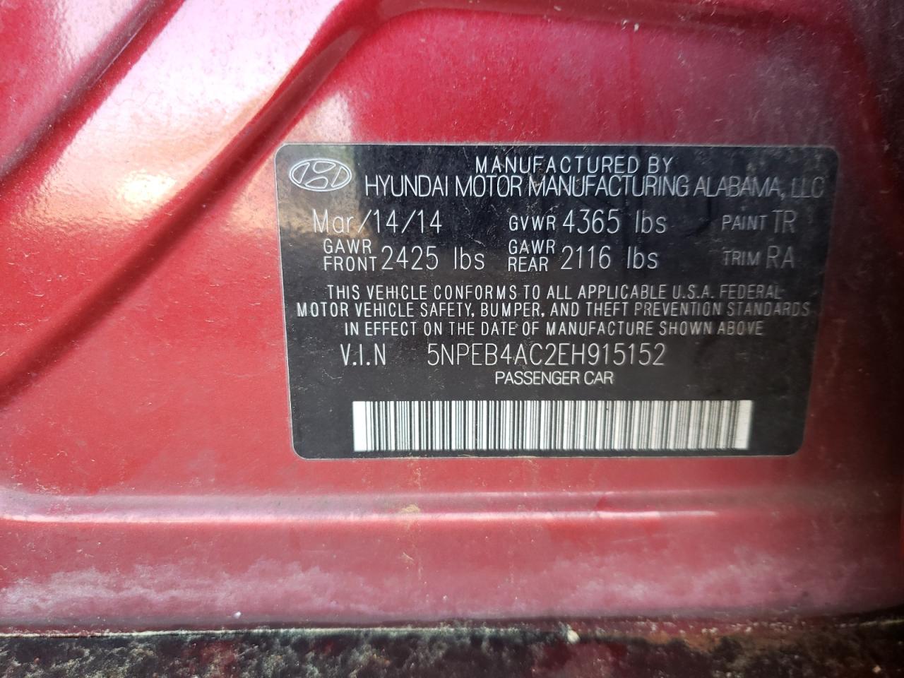 Photo 10 from auction – 2014 HYUNDAI SONATA GLS with VIN 5NPEB4AC2EH915152