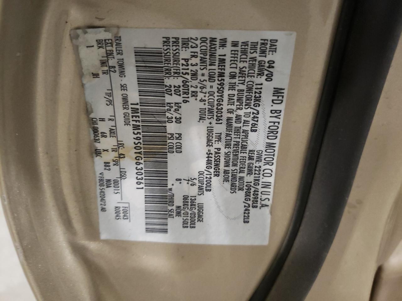 Photo 10 from auction – 2000 MERCURY SABLE LS P with VIN 1MEFM59S0YG630361