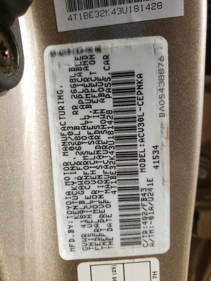 Photo 10 from auction – 2003 TOYOTA CAMRY LE with VIN 4T1BE32K43U181428