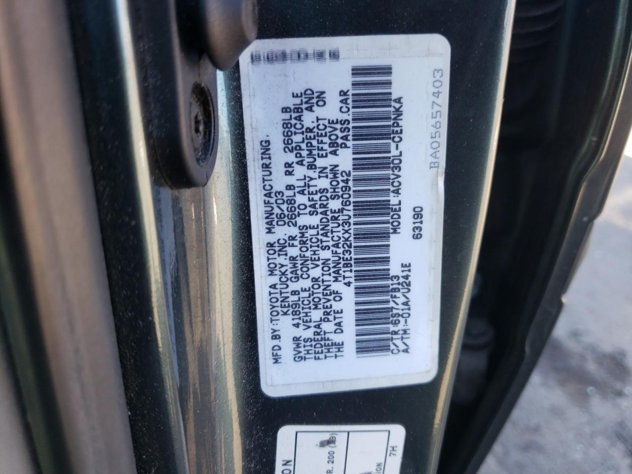 Photo 10 from auction – 2003 TOYOTA CAMRY LE with VIN 4T1BE32KX3U760942