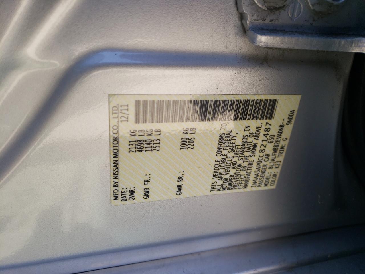 Photo 10 from auction – 2012 NISSAN MAXIMA S with VIN 1N4AA5AP0CC821487