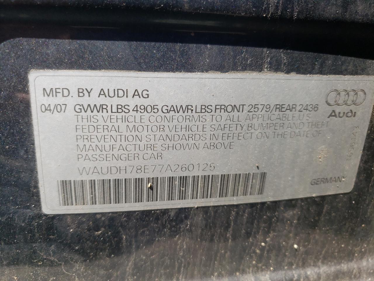 Foto 10 de la subasta – 2007 AUDI A4 3.2 QUA con VIN WAUDH78E77A260125