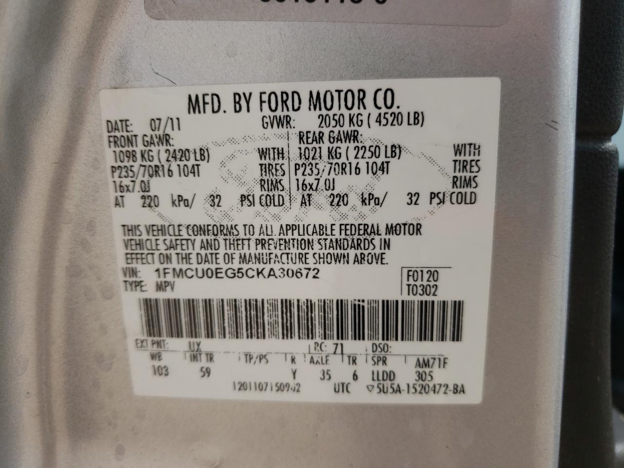 Photo 10 from auction – 2012 FORD ESCAPE LIM with VIN 1FMCU0EG5CKA30672