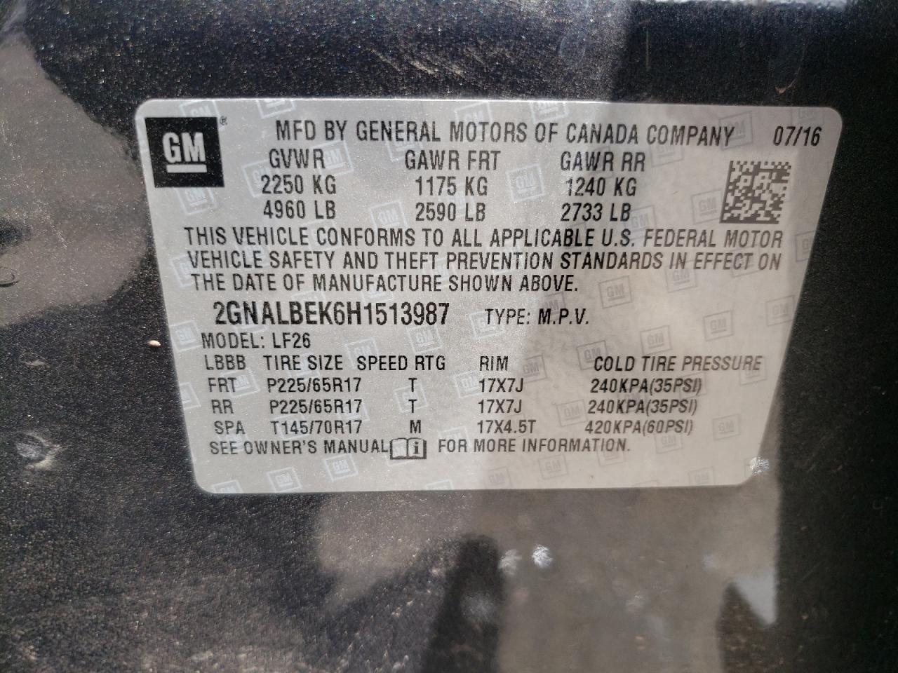 Photo 10 from auction – 2017 CHEVROLET EQUINOX LS with VIN 2GNALBEK6H1513987
