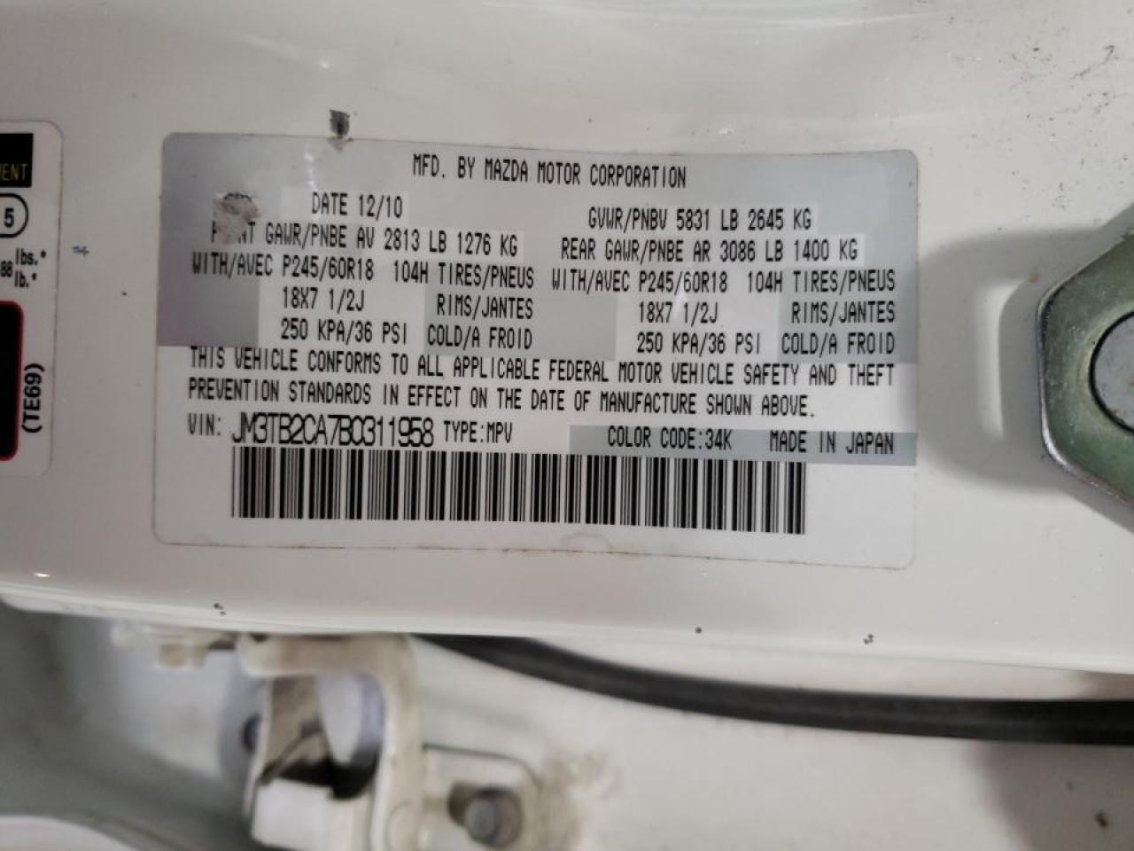 Photo 10 from auction – 2011 MAZDA CX-9 with VIN JM3TB2CA7B0311958