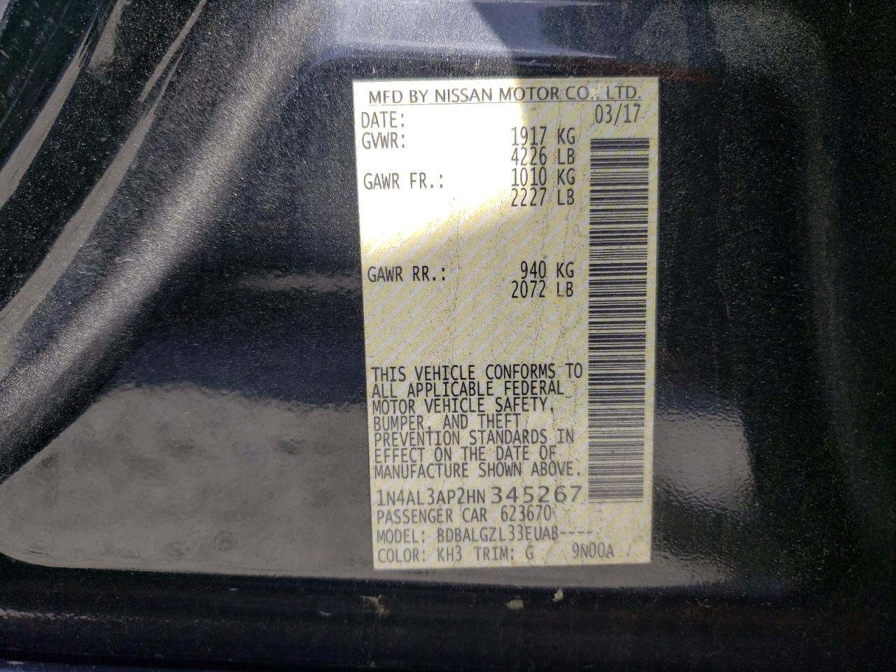 Photo 10 from auction – 2017 NISSAN ALTIMA 2.5 with VIN 1N4AL3AP2HN345267