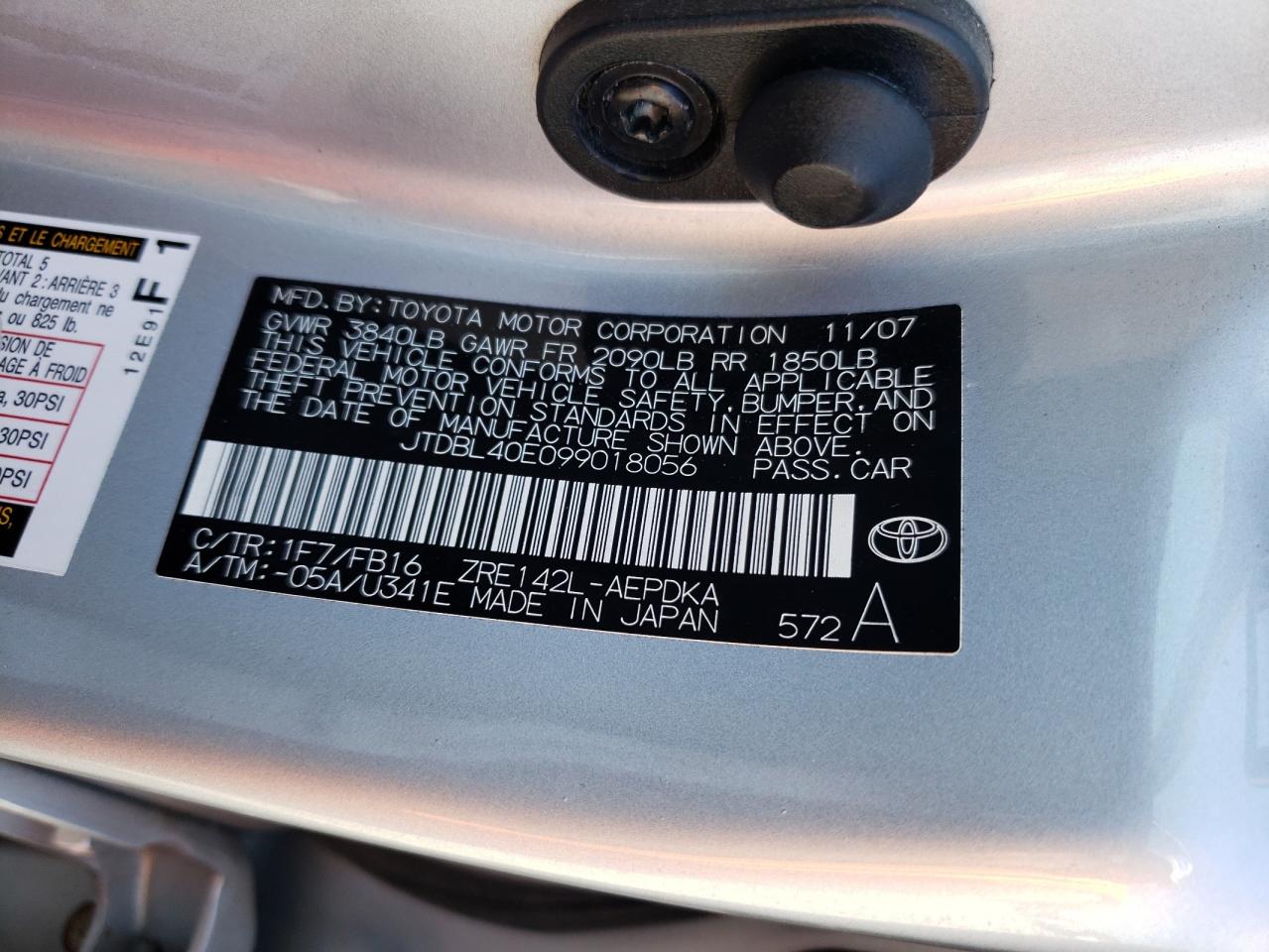 Photo 10 from auction – 2009 TOYOTA CAROLLA with VIN JTDBL40E099018056
