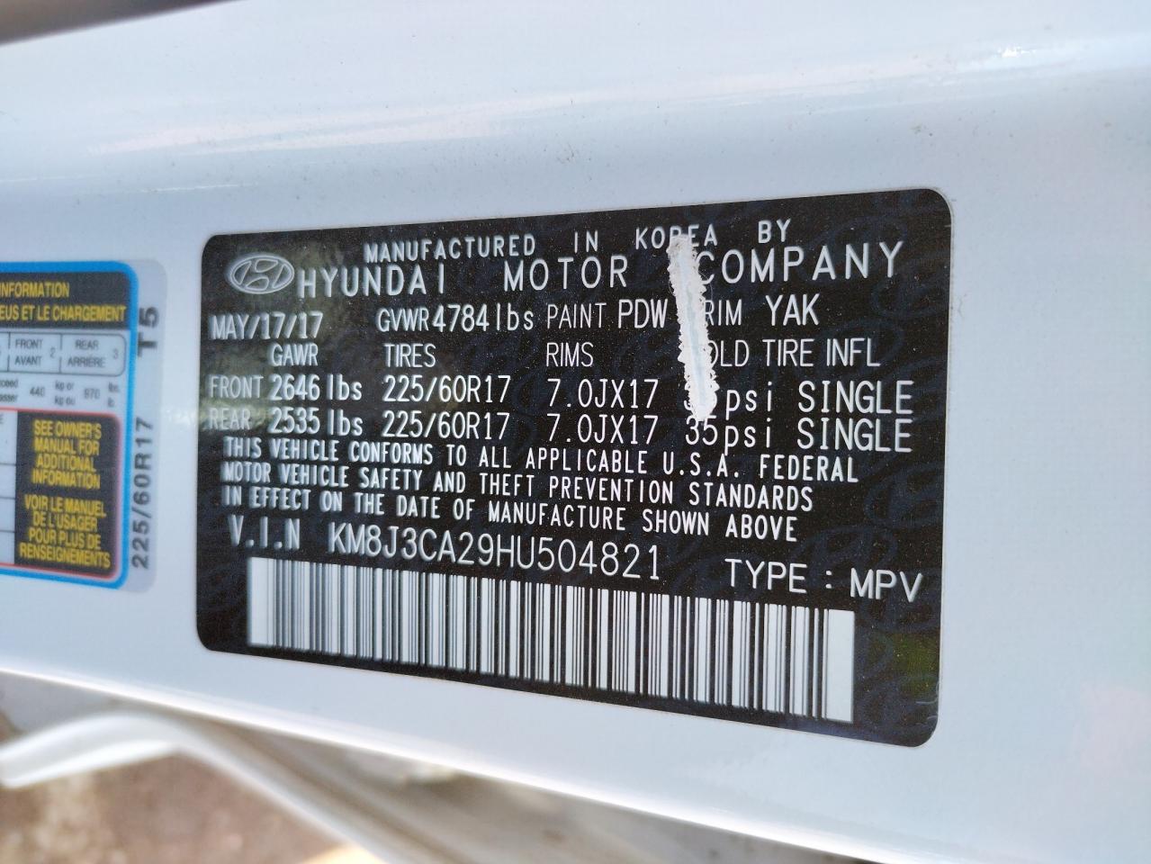 Photo 10 from auction – 2017 HYUNDAI TUCSON LIM with VIN KM8J3CA29HU504821