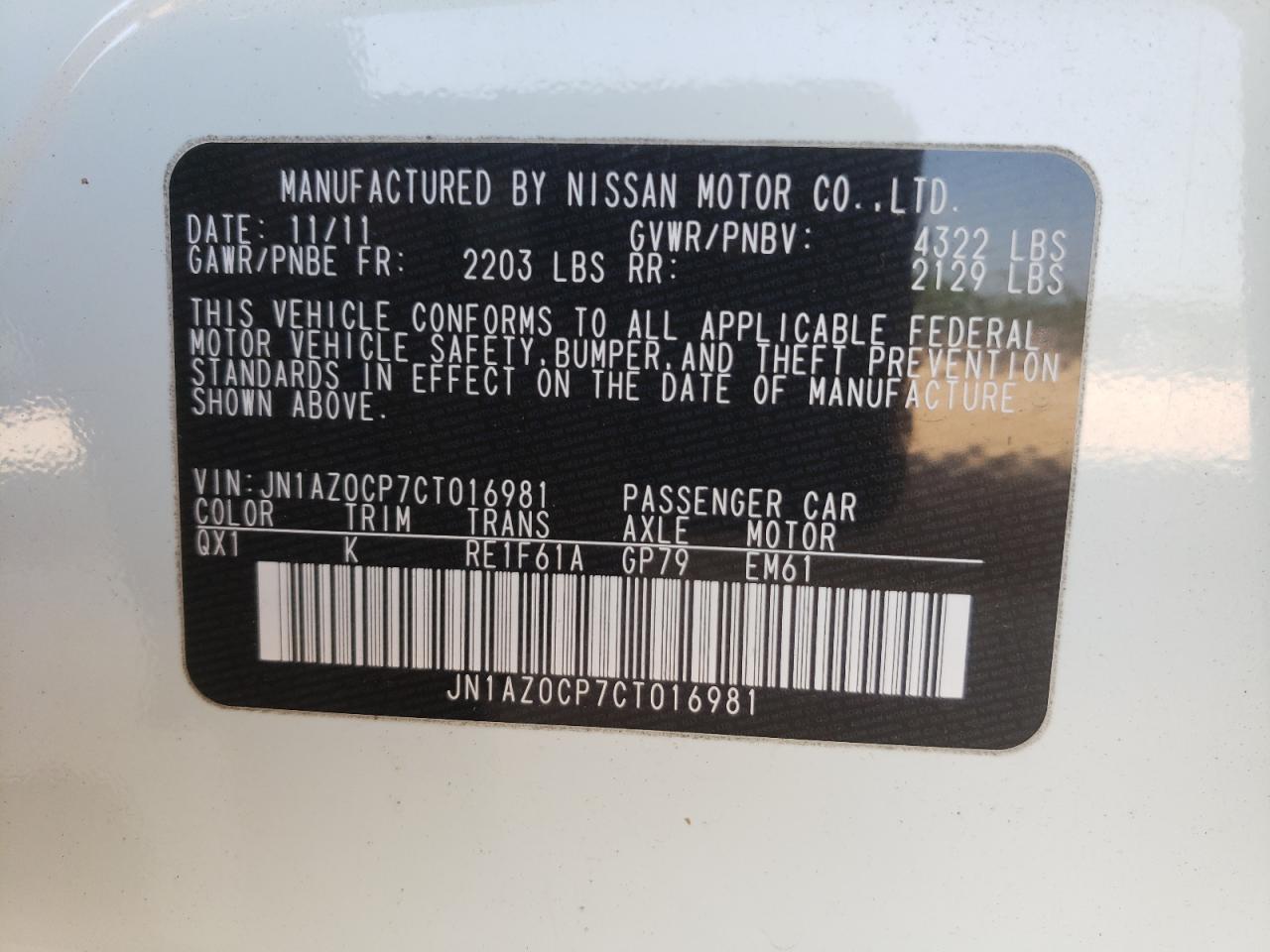 Photo 10 from auction – 2012 NISSAN LEAF SV with VIN JN1AZ0CP7CT016981
