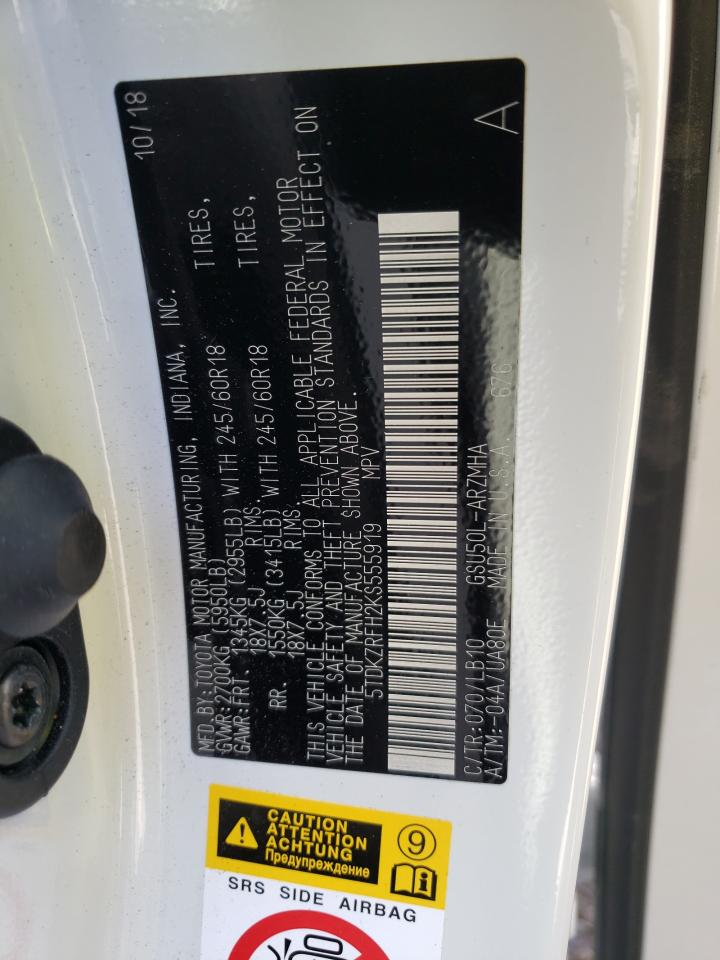 Photo 10 from auction – 2019 TOYOTA HIGHLANDER with VIN 5TDKZRFH2KS555919
