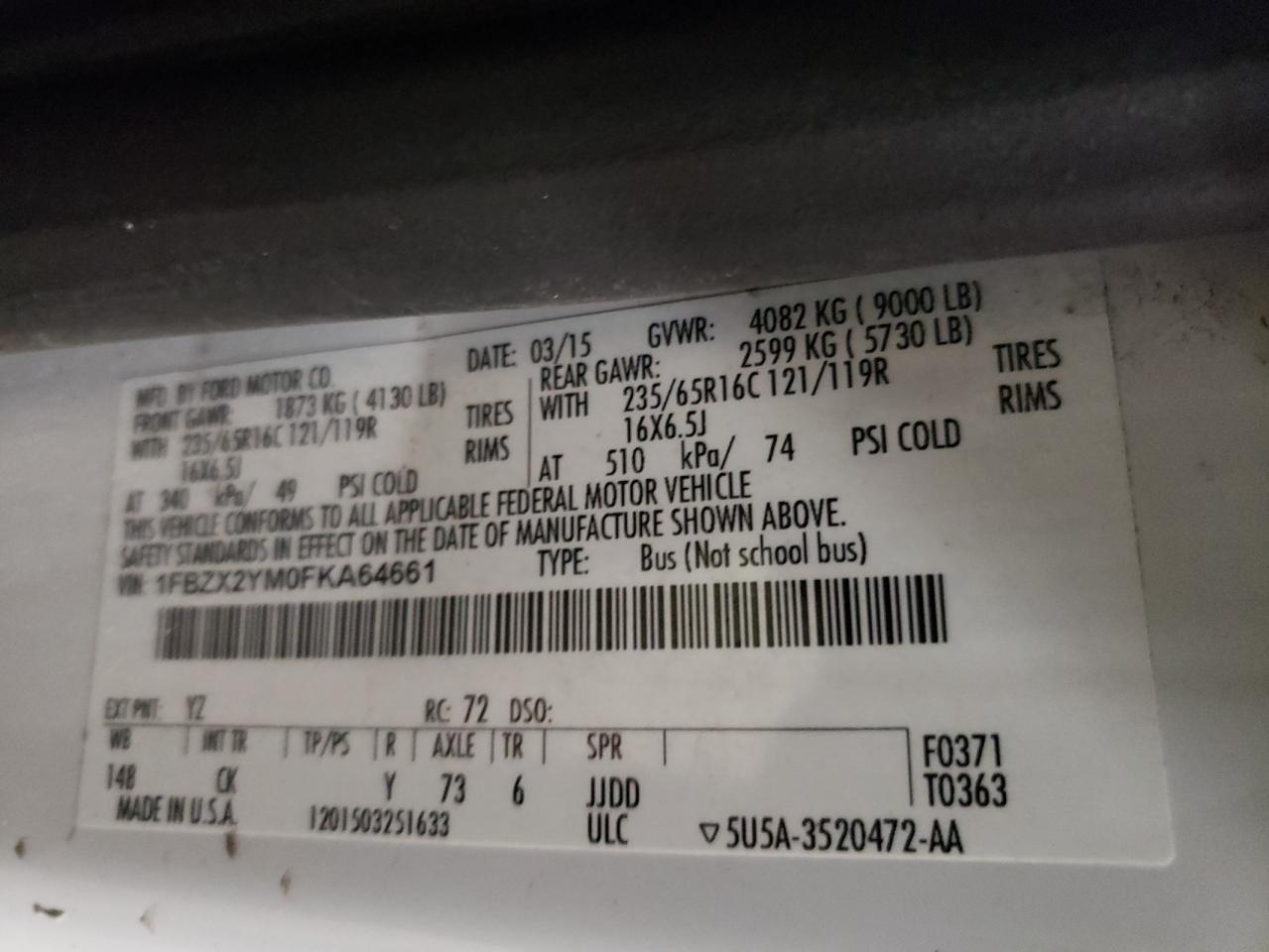 Photo 10 from auction – 2015 FORD TRANSIT T- with VIN 1FBZX2YM0FKA64661