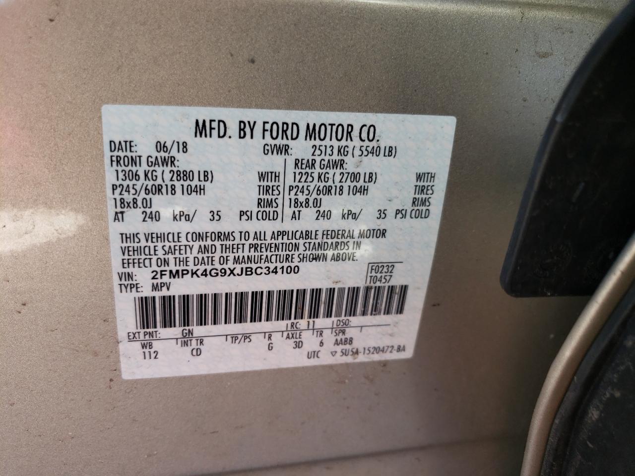 Photo 10 from auction – 2018 FORD EDGE SE with VIN 2FMPK4G9XJBC34100