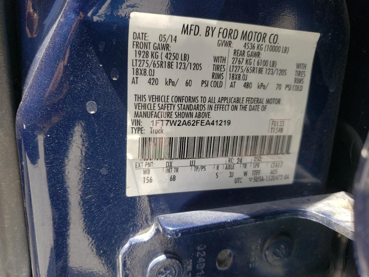 Photo 10 from auction – 2015 FORD F250 SUPER with VIN 1FT7W2A62FEA41219