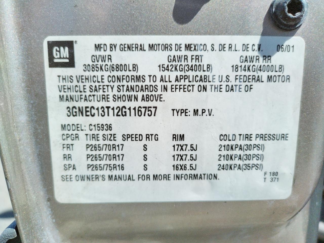 Photo 10 from auction – 2002 CHEVROLET AVALANCHE with VIN 3GNEC13T12G116757