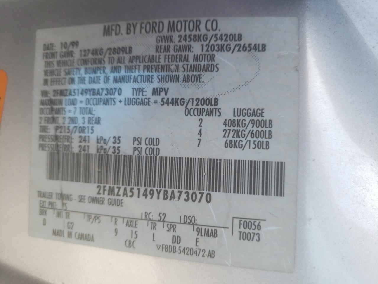 Zdjęcie 10 z aukcji – 2000 FORD WINDSTAR L z VIN 2FMZA5149YBA73070