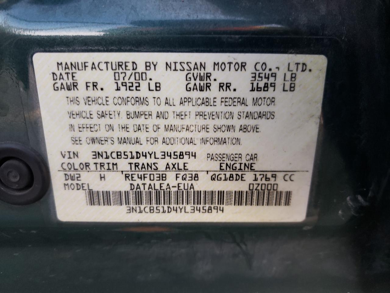 Photo 10 from auction – 2000 NISSAN SENTRA BAS with VIN 3N1CB51D4YL345894