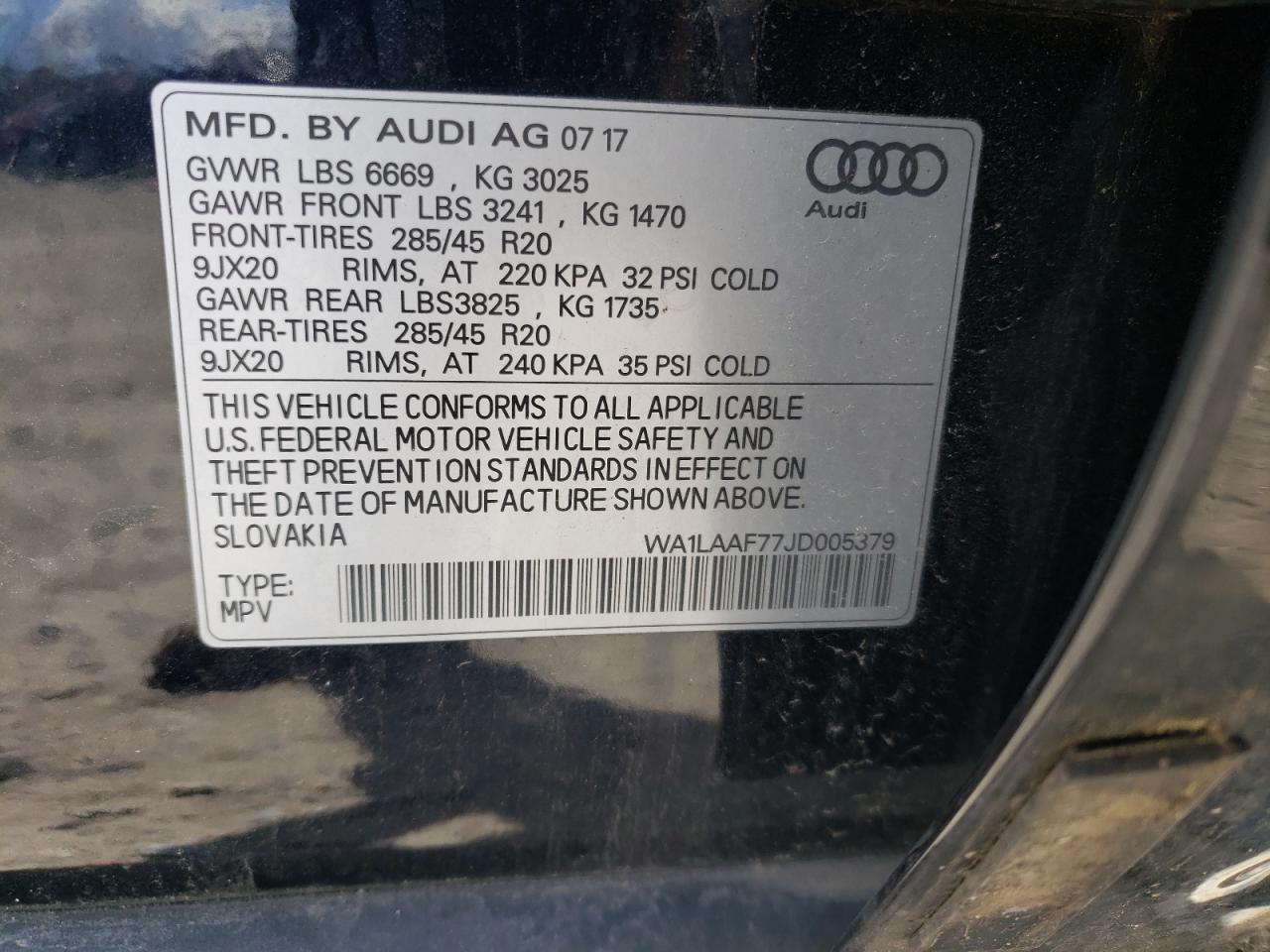 Photo 10 from auction – 2018 AUDI Q7 PREMIUM with VIN WA1LAAF77JD005379