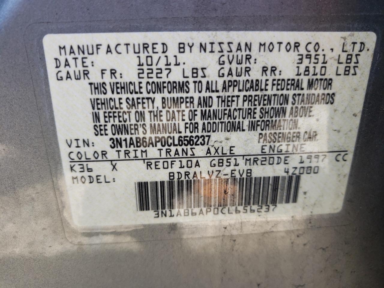 Photo 10 from auction – 2012 NISSAN SENTRA 2.0 with VIN 3N1AB6AP0CL656237