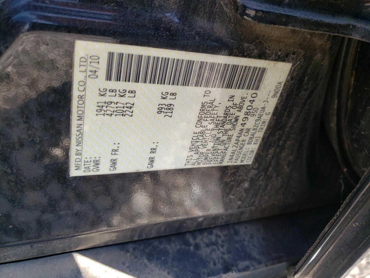 Photo 10 from auction – 2010 NISSAN ALTIMA BAS with VIN 1N4AL2AP4AN498040