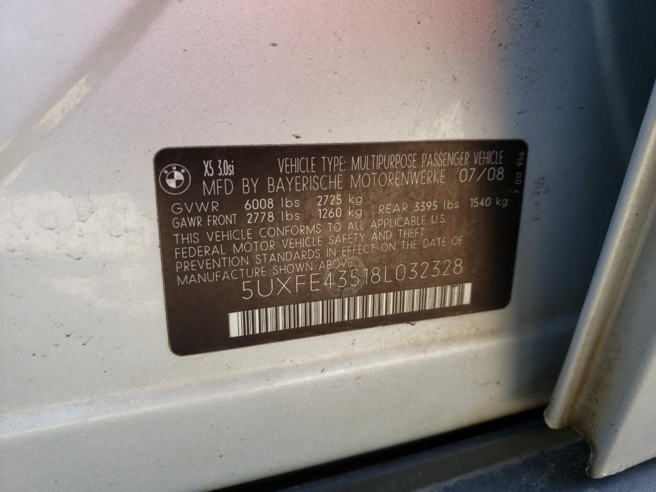 Photo 10 from auction – 2008 BMW X5 3.0I with VIN 5UXFE43518L032328