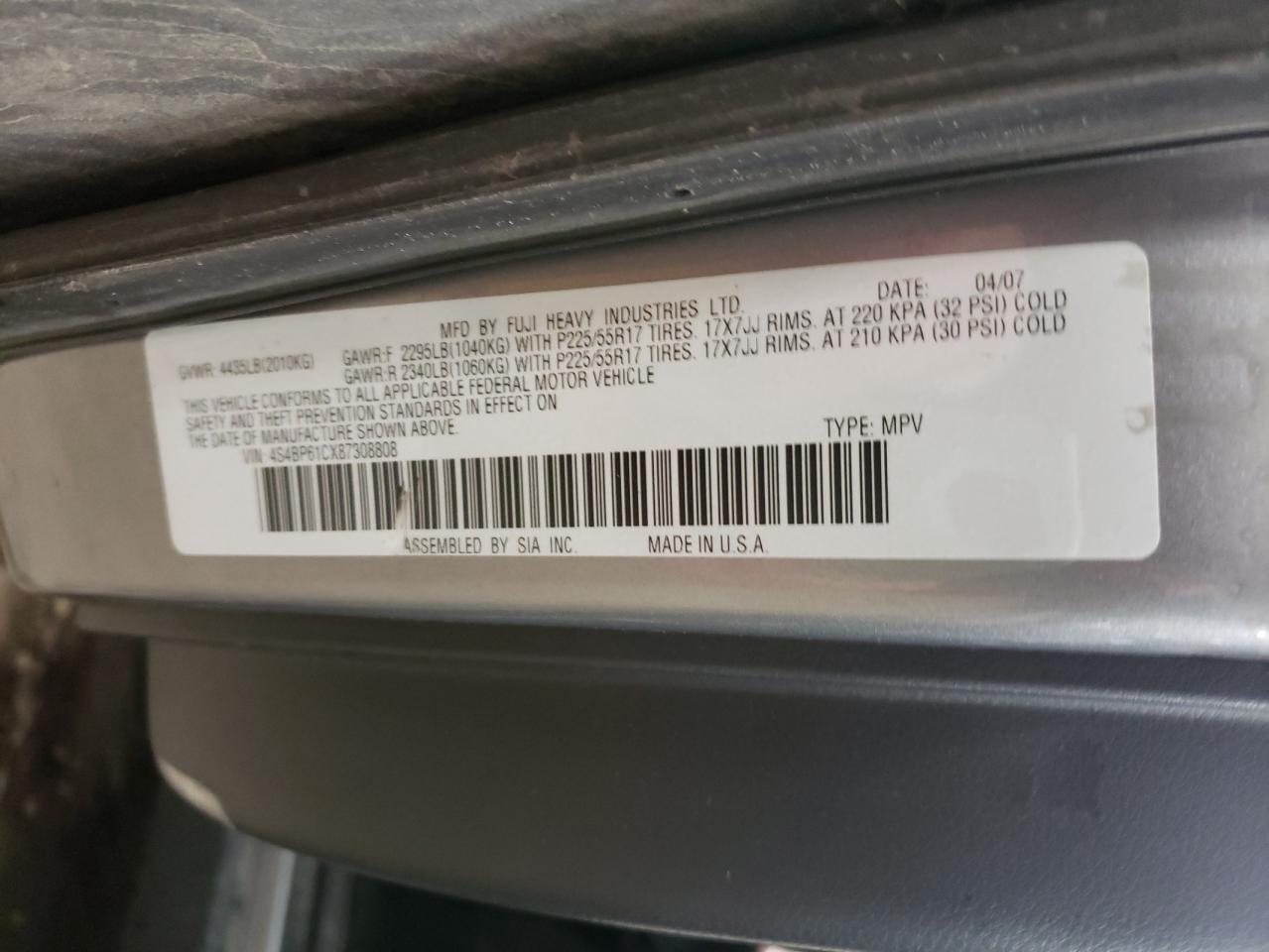 Photo 10 from auction – 2008 SUBARU OUTBACK 2. with VIN 4S4BP61CX87308808