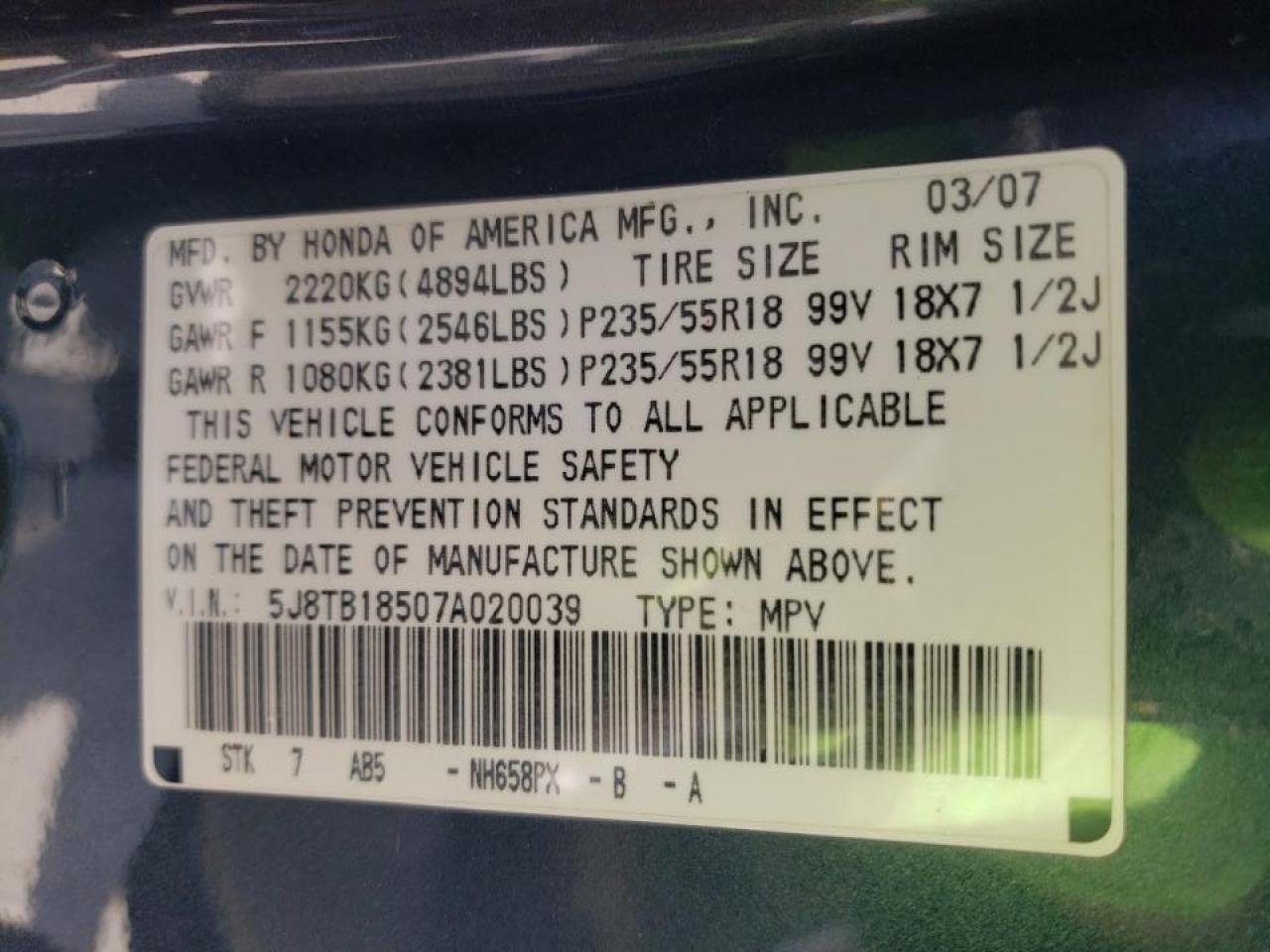 Photo 10 from auction – 2007 ACURA RDX TECHNO with VIN 5J8TB18507A020039
