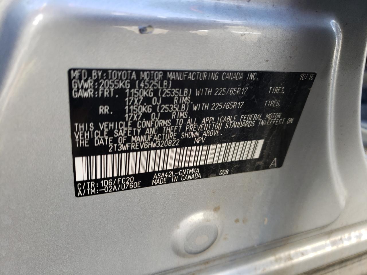 Photo 10 from auction – 2017 TOYOTA RAV4 XLE with VIN 2T3WFREV6HW320822