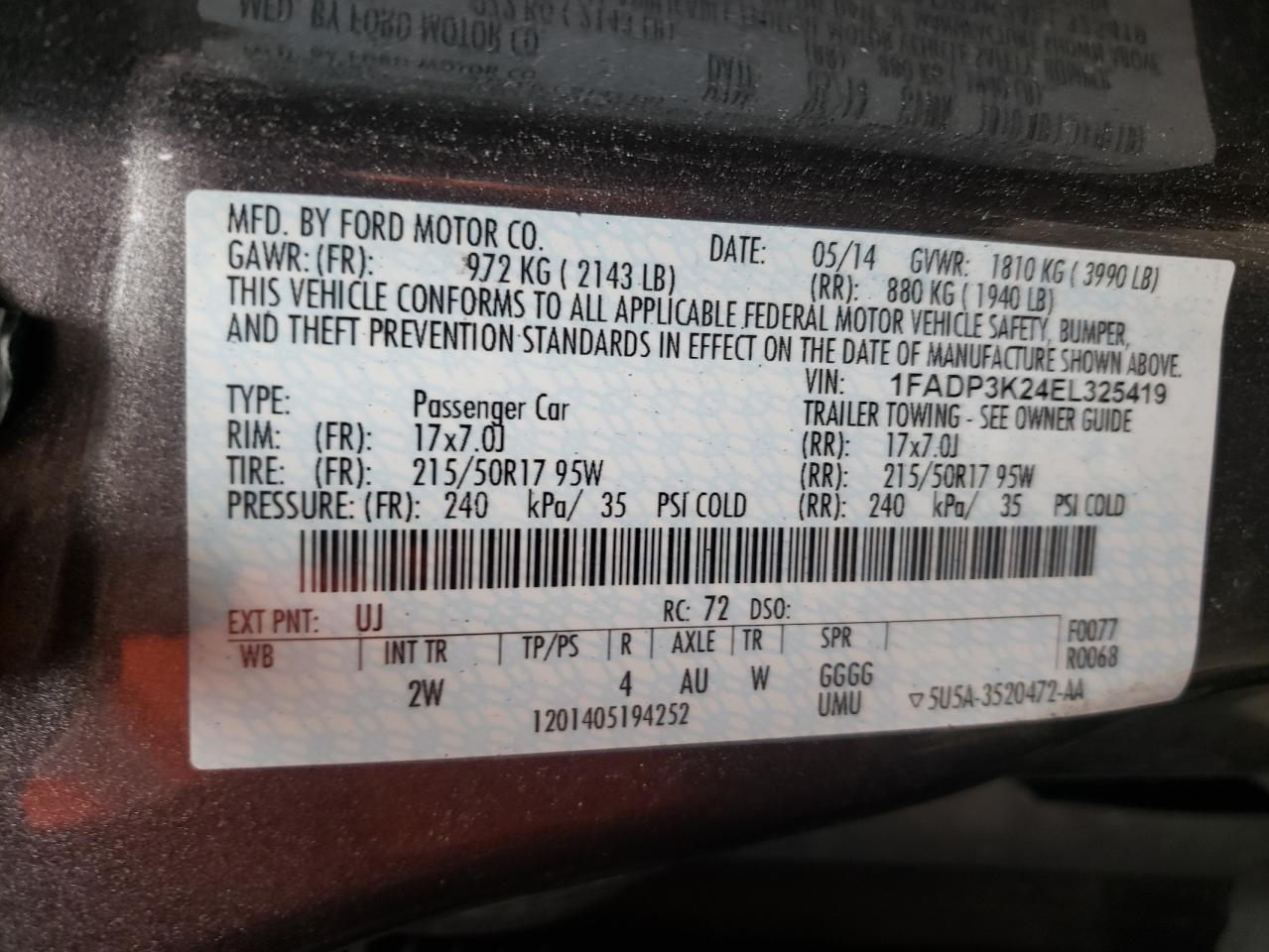 Photo 10 from auction – 2014 FORD FOCUS SE with VIN 1FADP3K24EL325419