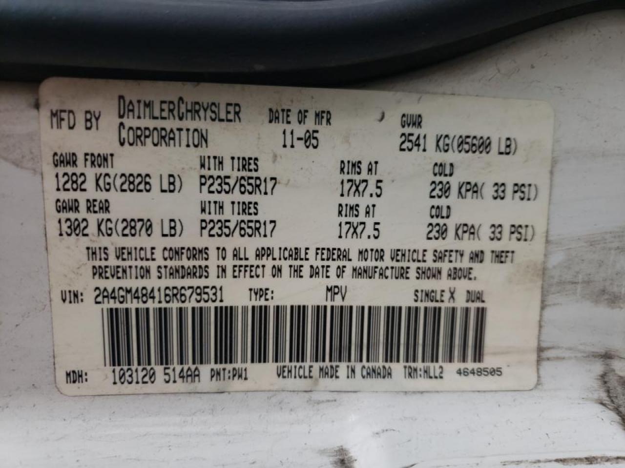 Photo 10 from auction – 2006 CHRYSLER PACIFICA with VIN 2A4GM48416R679531