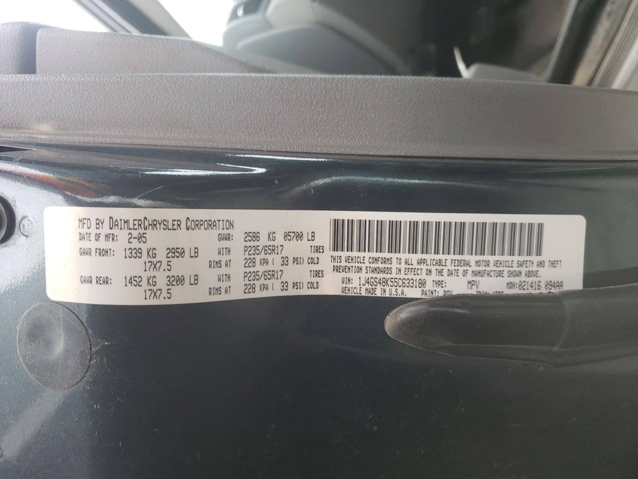 Photo 10 from auction – 2005 JEEP GRAND CHER with VIN 1J4GS48K55C633180