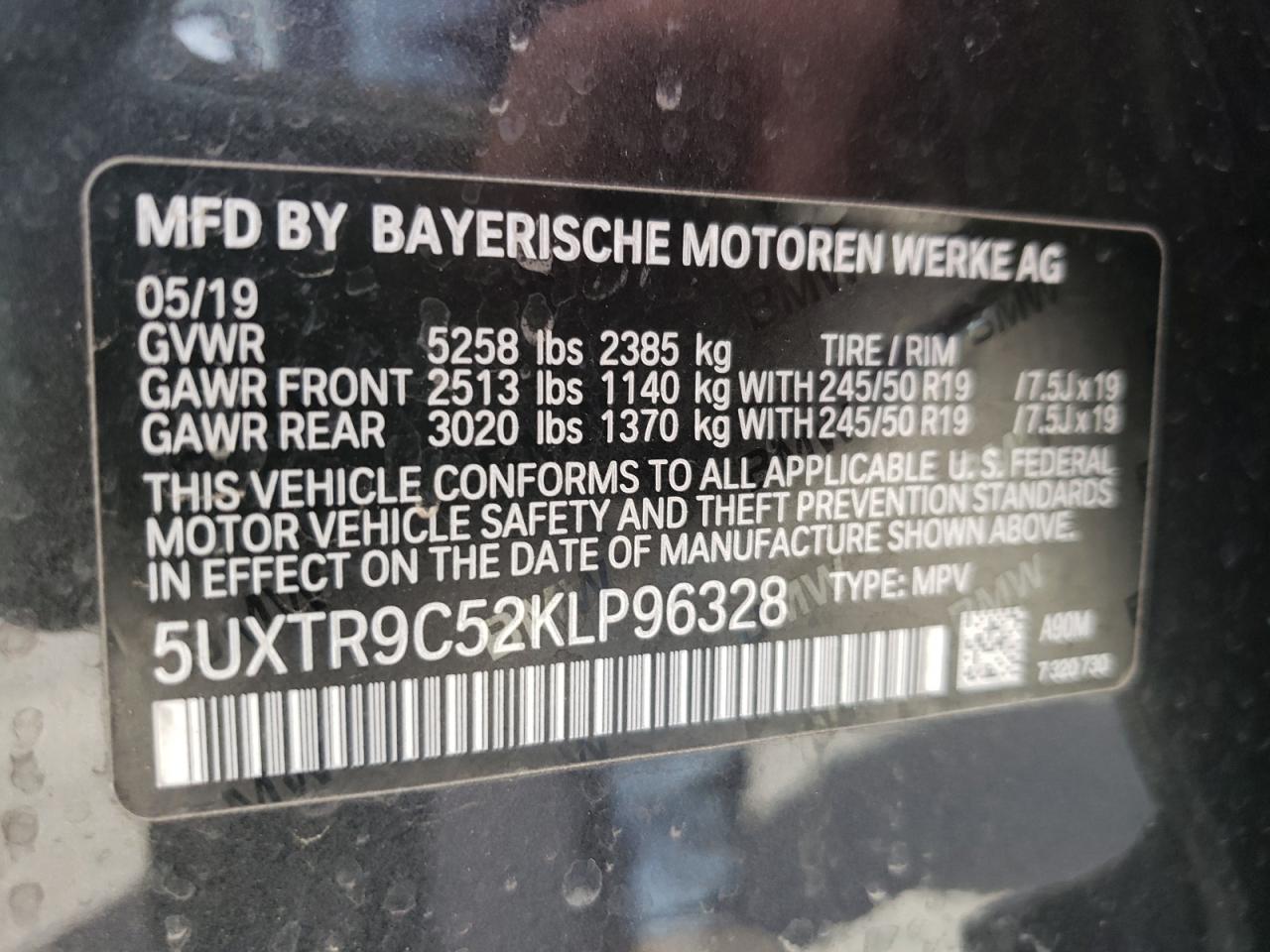 Photo 10 from auction – 2019 BMW X3 XDRIVE3 with VIN 5UXTR9C52KLP96328
