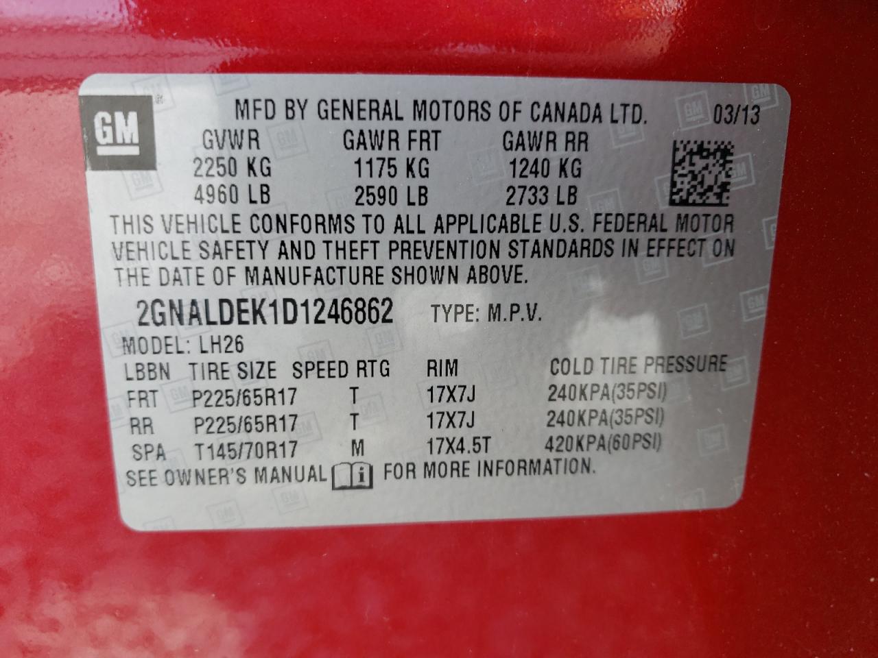 Photo 10 from auction – 2013 CHEVROLET EQUINOX LT with VIN 2GNALDEK1D1246862